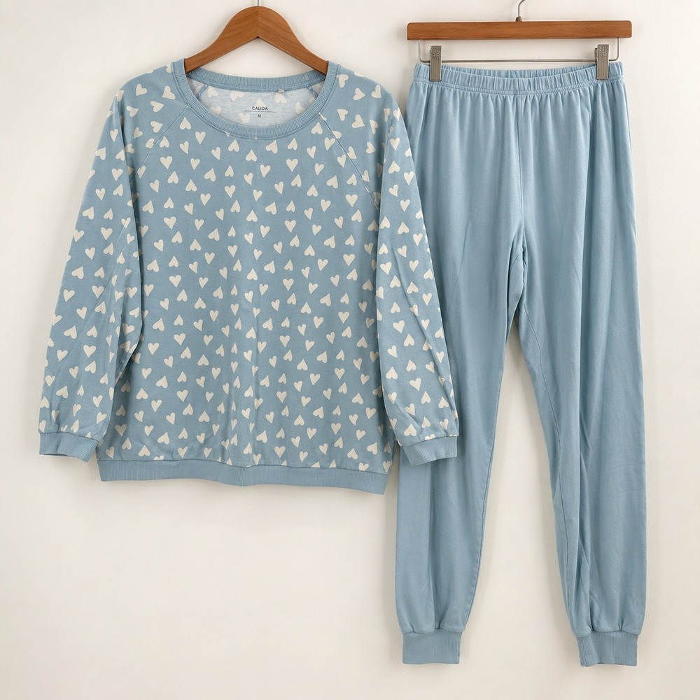 Calida Cozycore Heart Print Pajama Set Womens Size M Soft Girl Loungewear Blue